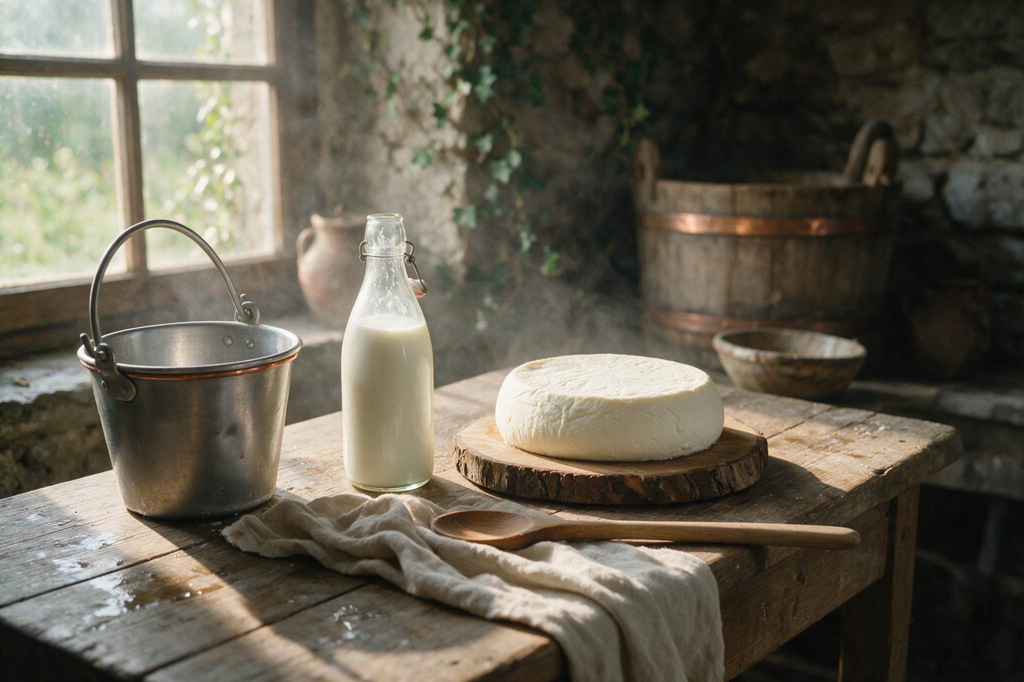 Milchkanne, Flasche frische Milch und junger Käselaib auf einem Holztisch in der Käserei