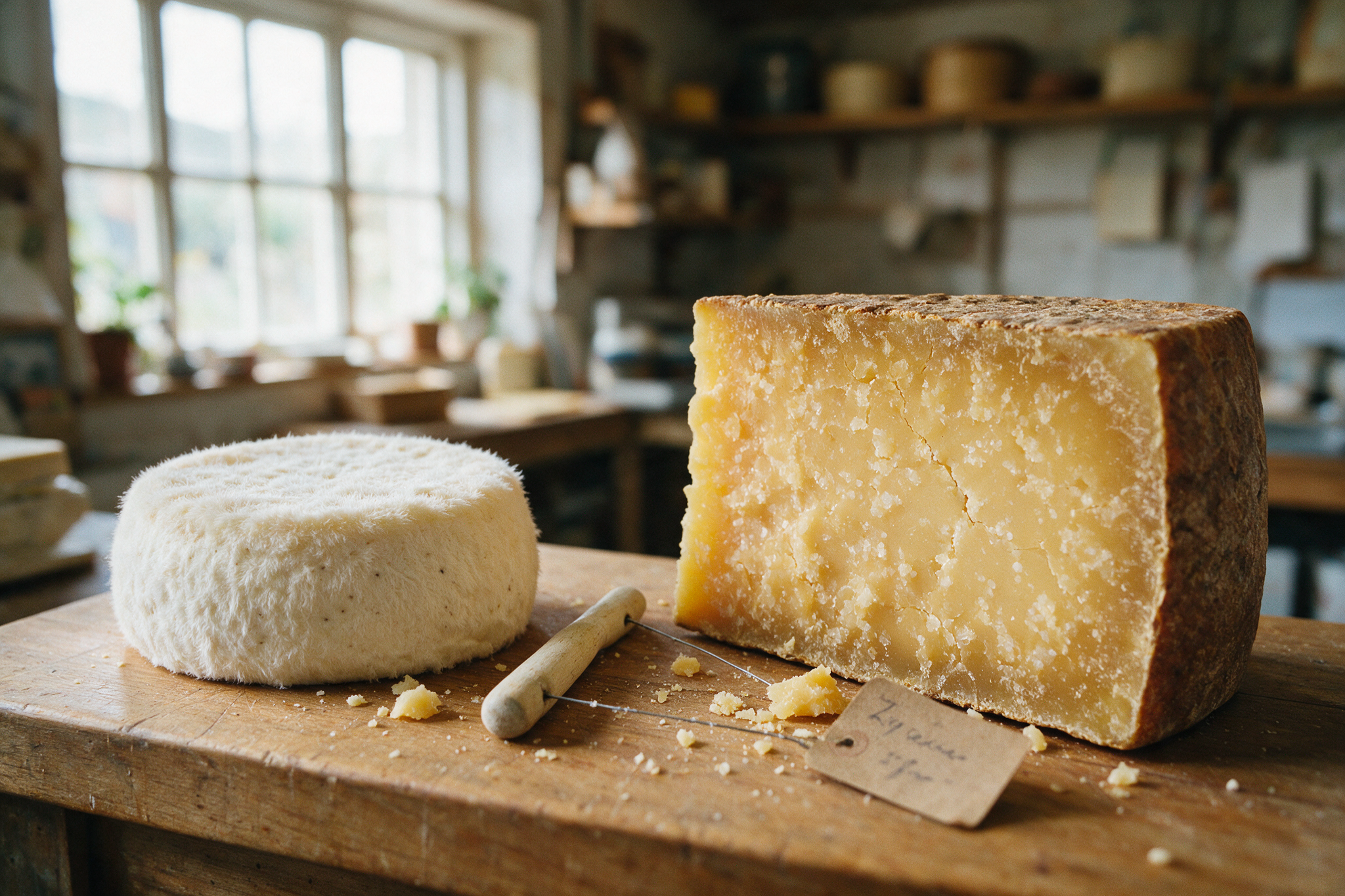 Junger Weichkäse und lange gereifter Hartkäse nebeneinander auf einem Holztresen