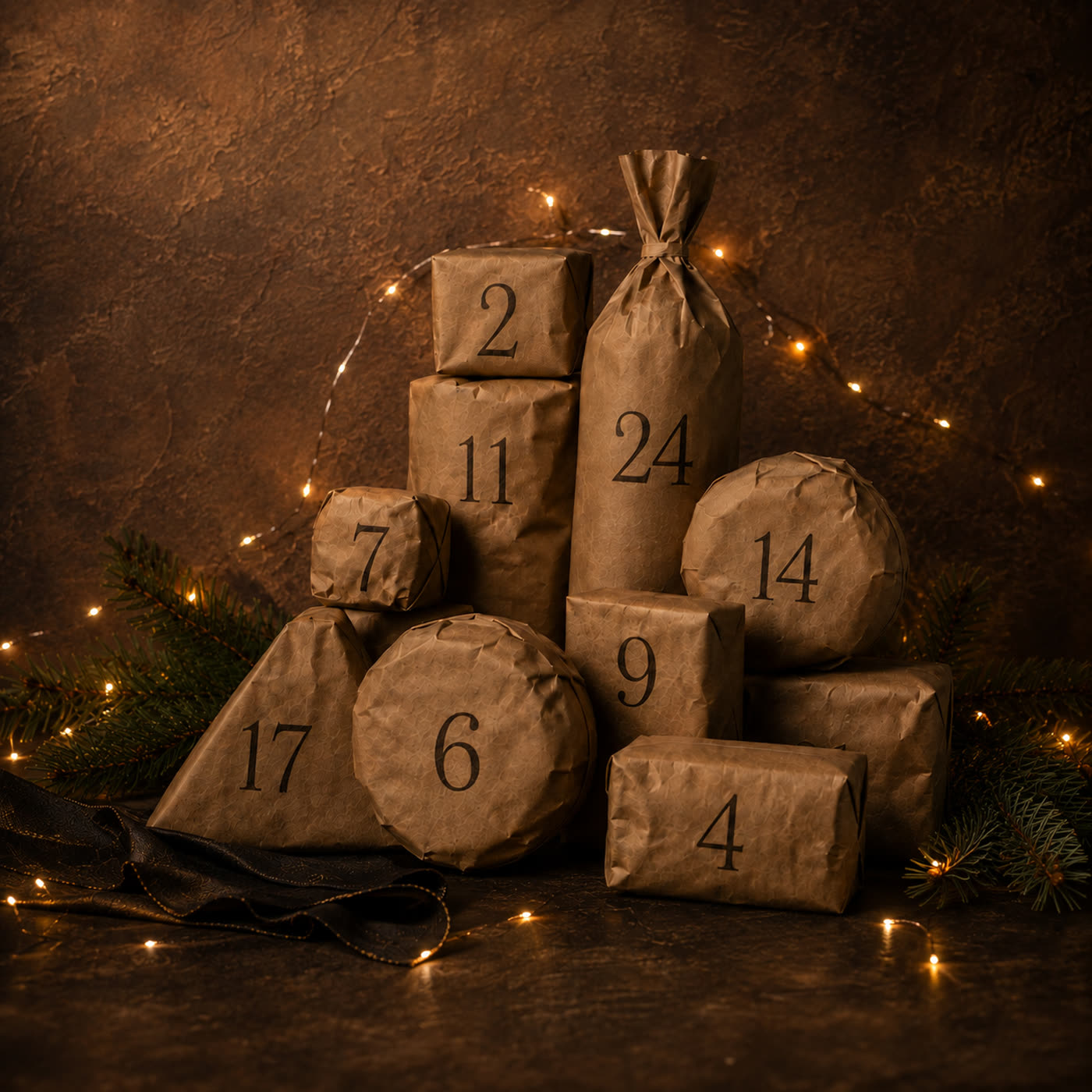 Handverpackte, nummerierte Päckchen des Adventskalenders in Packpapier, dahinter Tannenzweige und eine Lichterkette