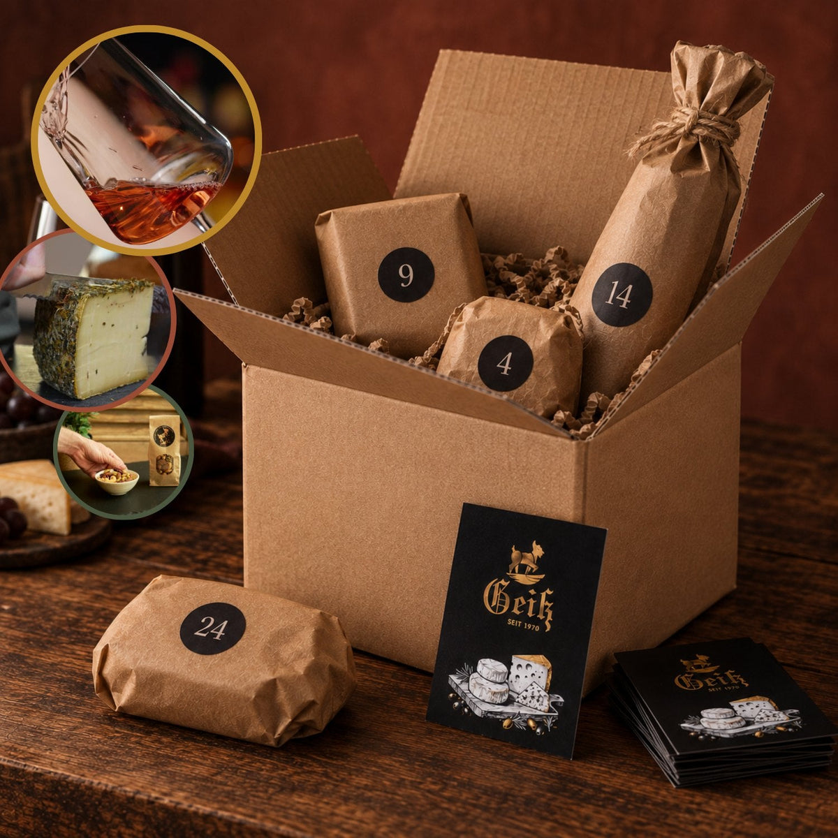 Käse & Wein-Adventskalender 2026 der Fromagerie Geiß – Symbolbild: Versandkarton mit nummerierten Päckchen und eingepackter Weinflasche