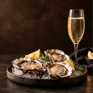 Frisch geöffnete Austern auf Eis mit einem Glas Champagner – Austern & Champagner Tasting am 18.10.2026 im Le Petit Geiß