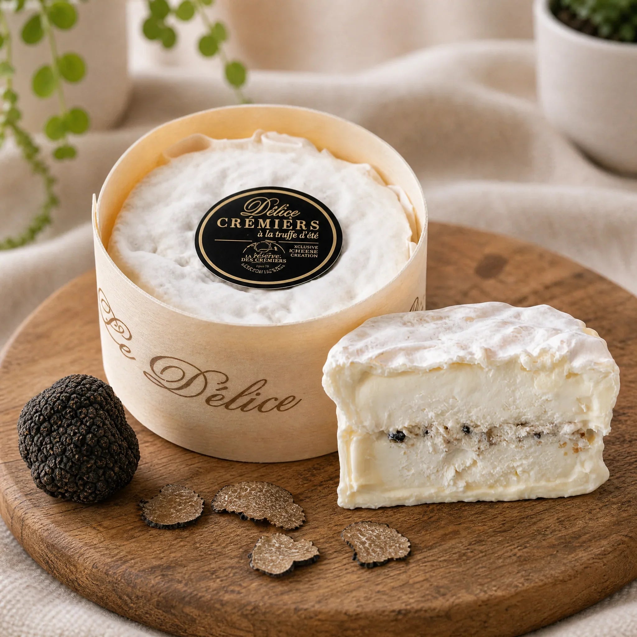 Délice des Crémiers à la truffe d'été – französischer Doppelrahm-Weichkäse mit Sommertrüffel, Anschnitt mit sichtbarer Trüffelschicht und frischem Trüffel