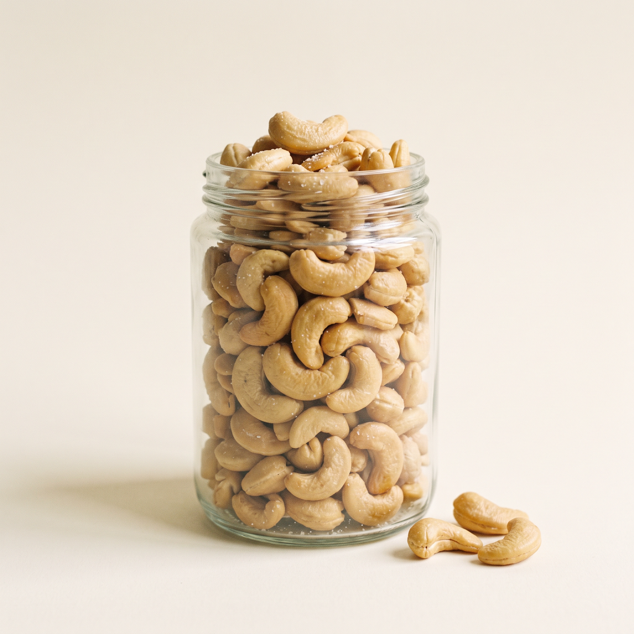 Glas mit gerösteten Cashewkernen auf cremefarbenem Grund