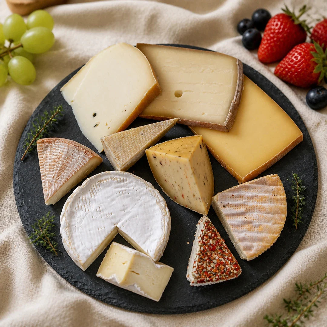 Familienbox von Fromagerie Geiß – milde Käseauswahl mit zehn Sorten auf Schieferplatte, Größe für 3–6 Personen (1000 g).