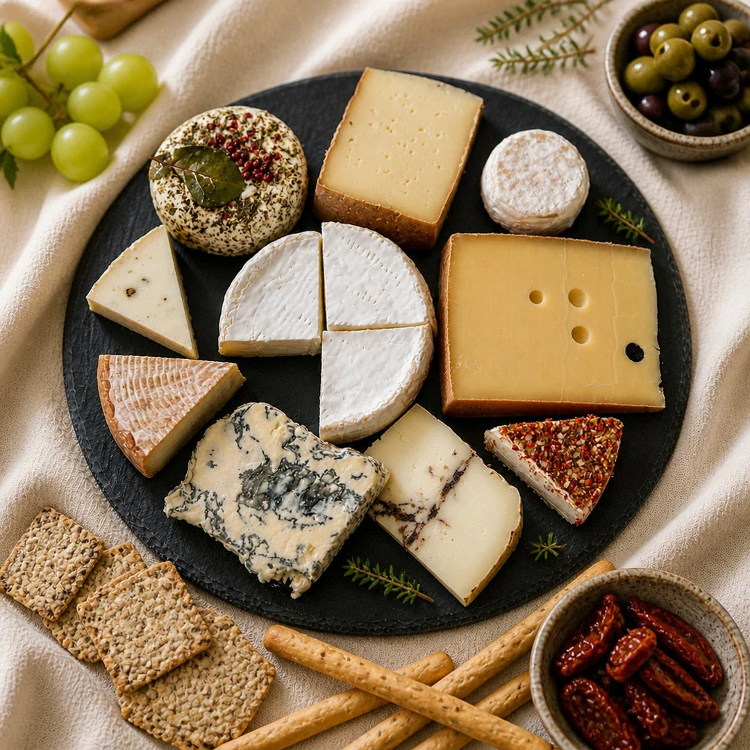 Geiss-Selection von Fromagerie Geiß – Gourmet-Käseauswahl auf Schieferplatte mit drei Genuss-Extras (Oliven, getrocknete Tomaten, Cracker), für 3–6 Personen (1000 g).