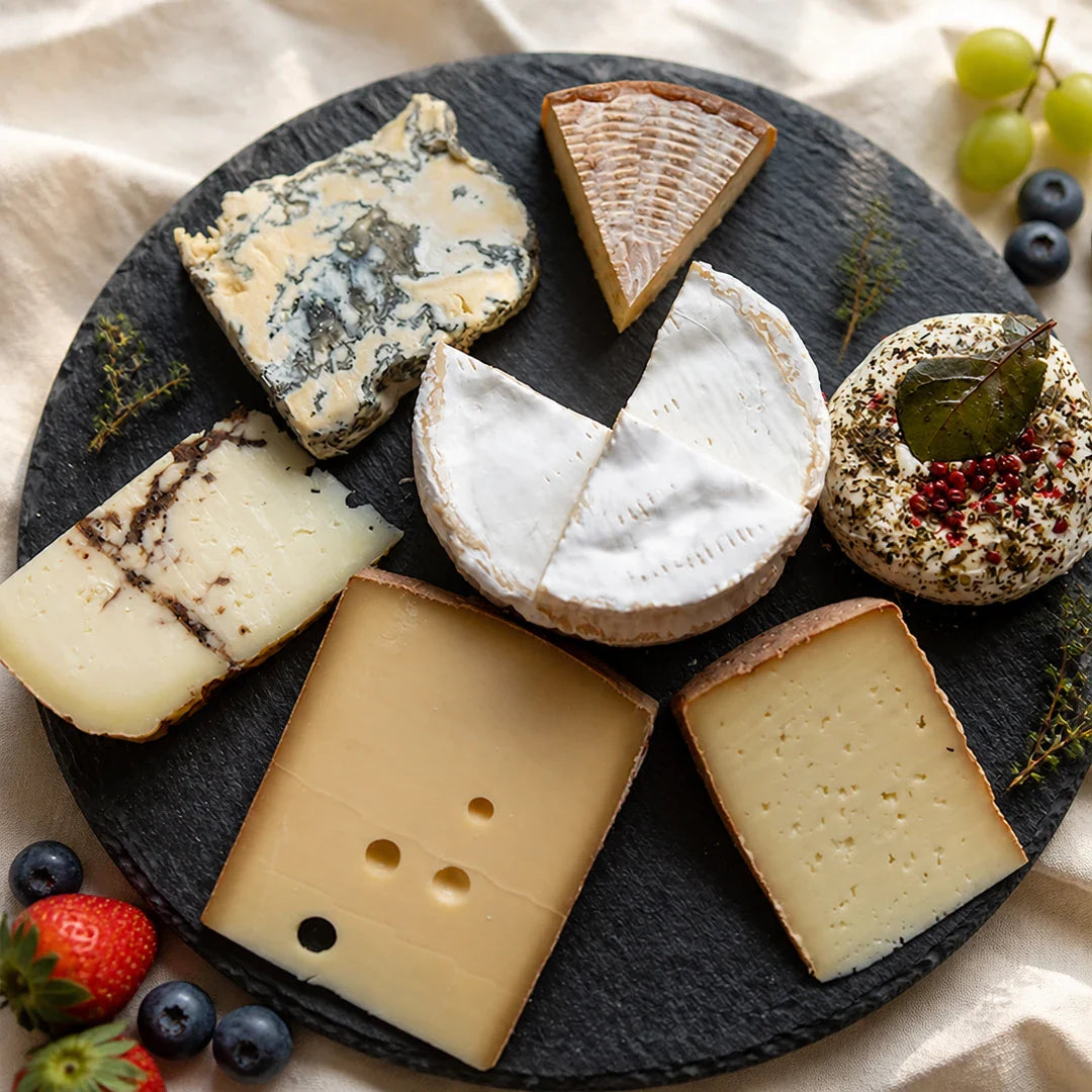 Gourmetbox von Fromagerie Geiß – Käseauswahl von mild bis kräftig, sieben Sorten auf Schieferplatte, für 2–4 Personen (750 g).