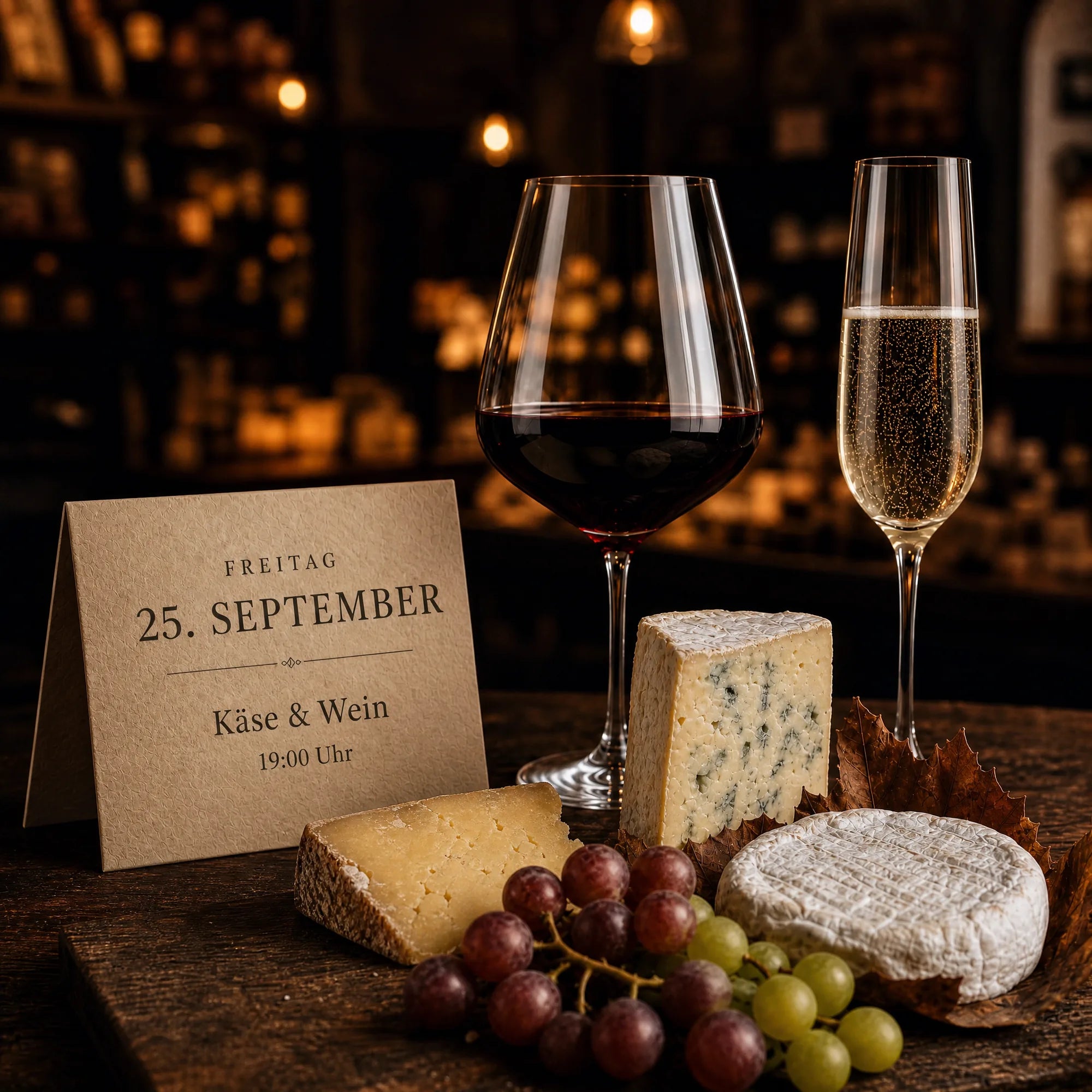 Käse & Wein Tasting in der Fromagerie Geiß: Hartkäse, Blauschimmel und Weichkäse mit Trauben, dazu Rotwein und Sekt.