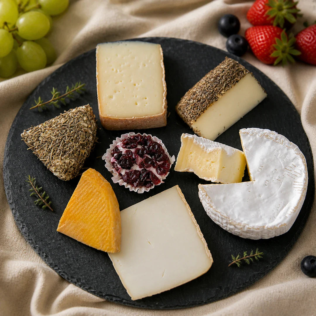 Scha-Zi-Box von Fromagerie Geiß – feine Auswahl an Schafs- und Ziegenkäse, sieben Sorten auf Schieferplatte, für 2–4 Personen (750 g).