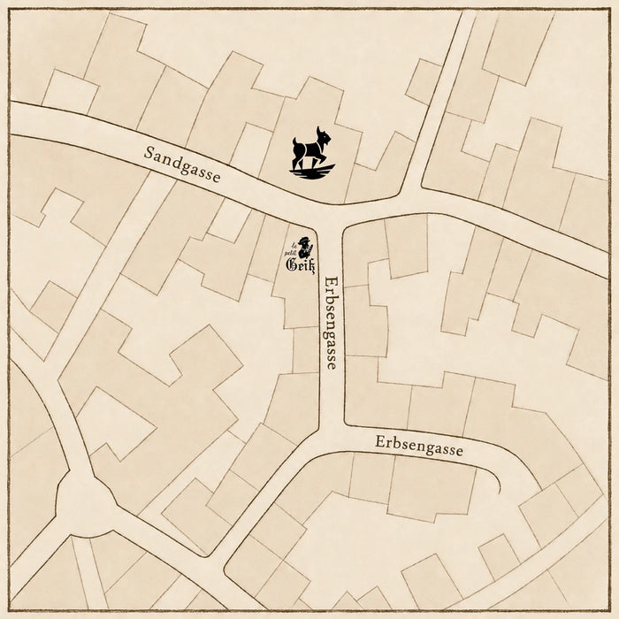Gezeichnete Karte der Sandgasse mit Le Petit Geiß und Fromagerie Geiß