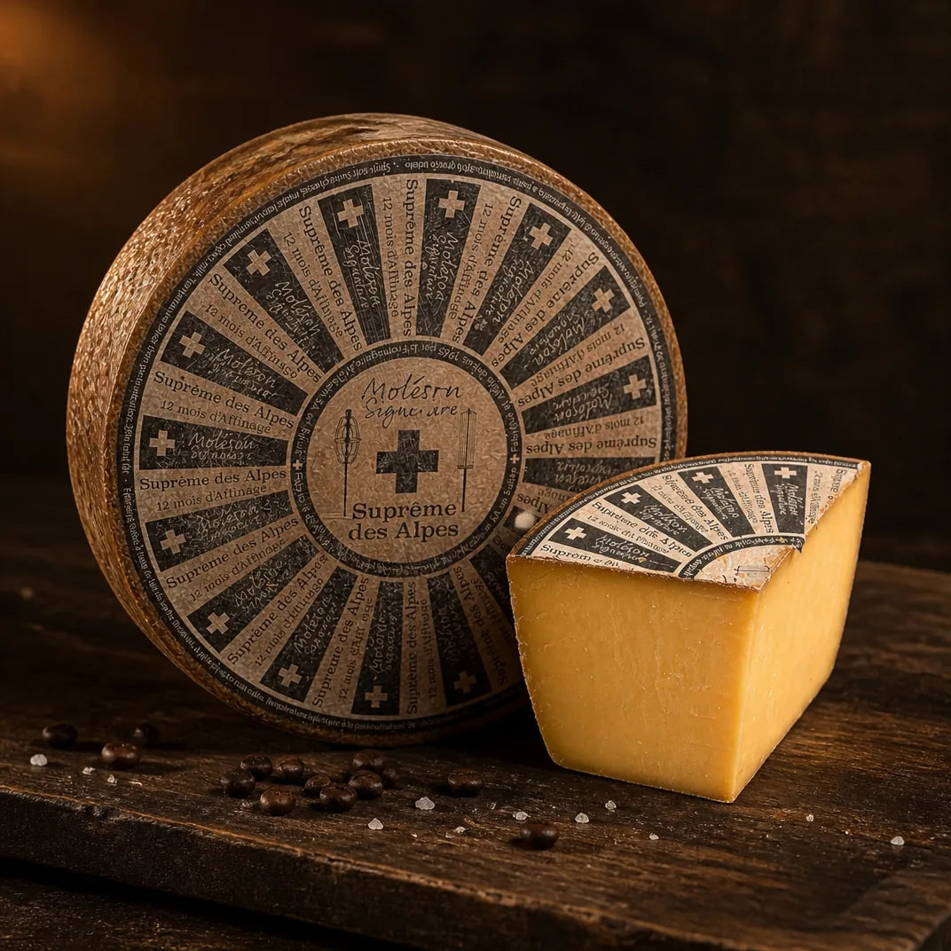 Suprême des Alpes – Schweizer Hartkäse in Gruyère-Machart von der Fromagerie Moléson, mit Kaffeesatz und Meersalz veredelt