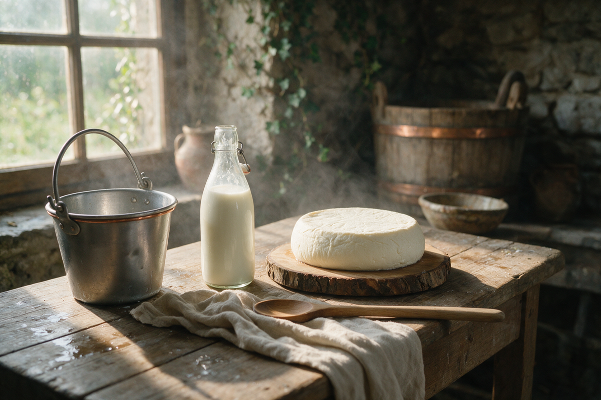 Milchkanne, Flasche frische Milch und junger Käselaib auf einem Holztisch in der Käserei