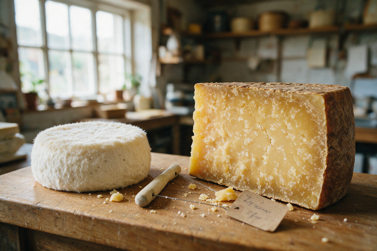 Junger Weichkäse und lange gereifter Hartkäse nebeneinander auf einem Holztresen