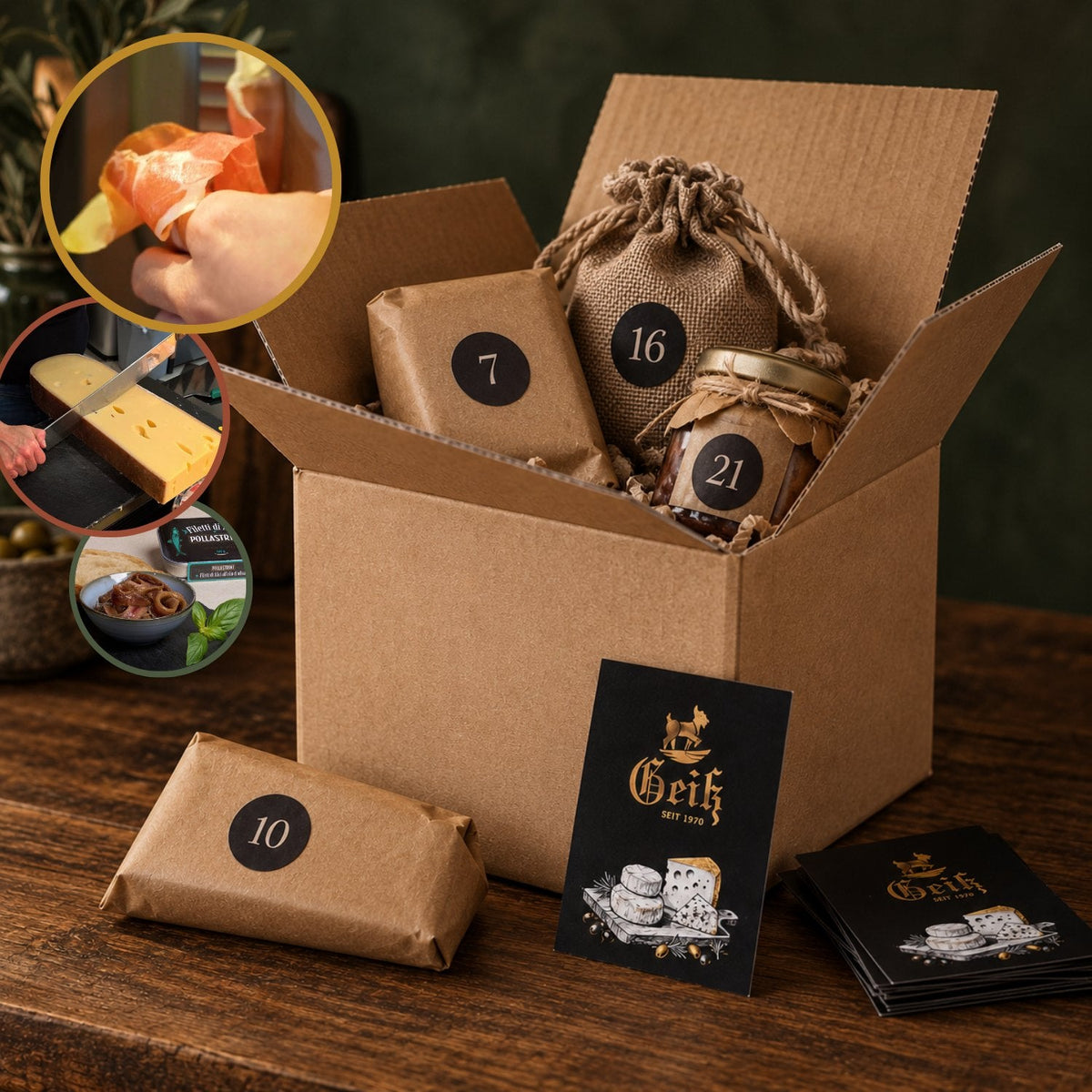 Käse & Feinkost-Adventskalender 2026 der Fromagerie Geiß – Symbolbild: Versandkarton mit nummerierten Päckchen, Jutesäckchen und Feinkost