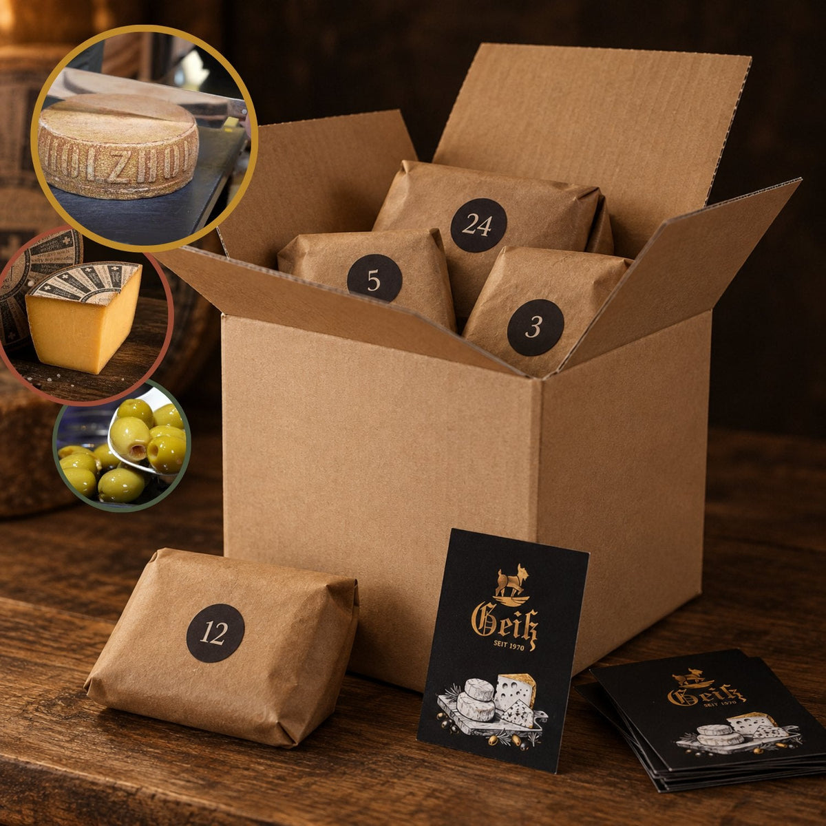 Käse-Adventskalender 2026 der Fromagerie Geiß – Symbolbild: Versandkarton mit nummerierten Päckchen und Einblicken aus unserer Theke