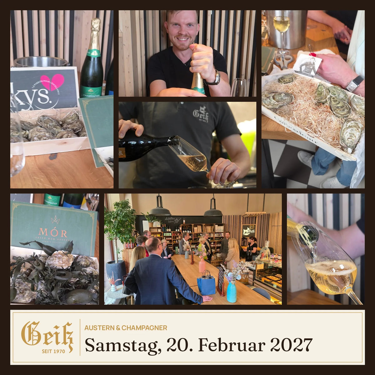 Austern & Champagner am 20. Februar 2027 in der Fromagerie Geiß – frische Austern, Champagner und Gäste am Tisch