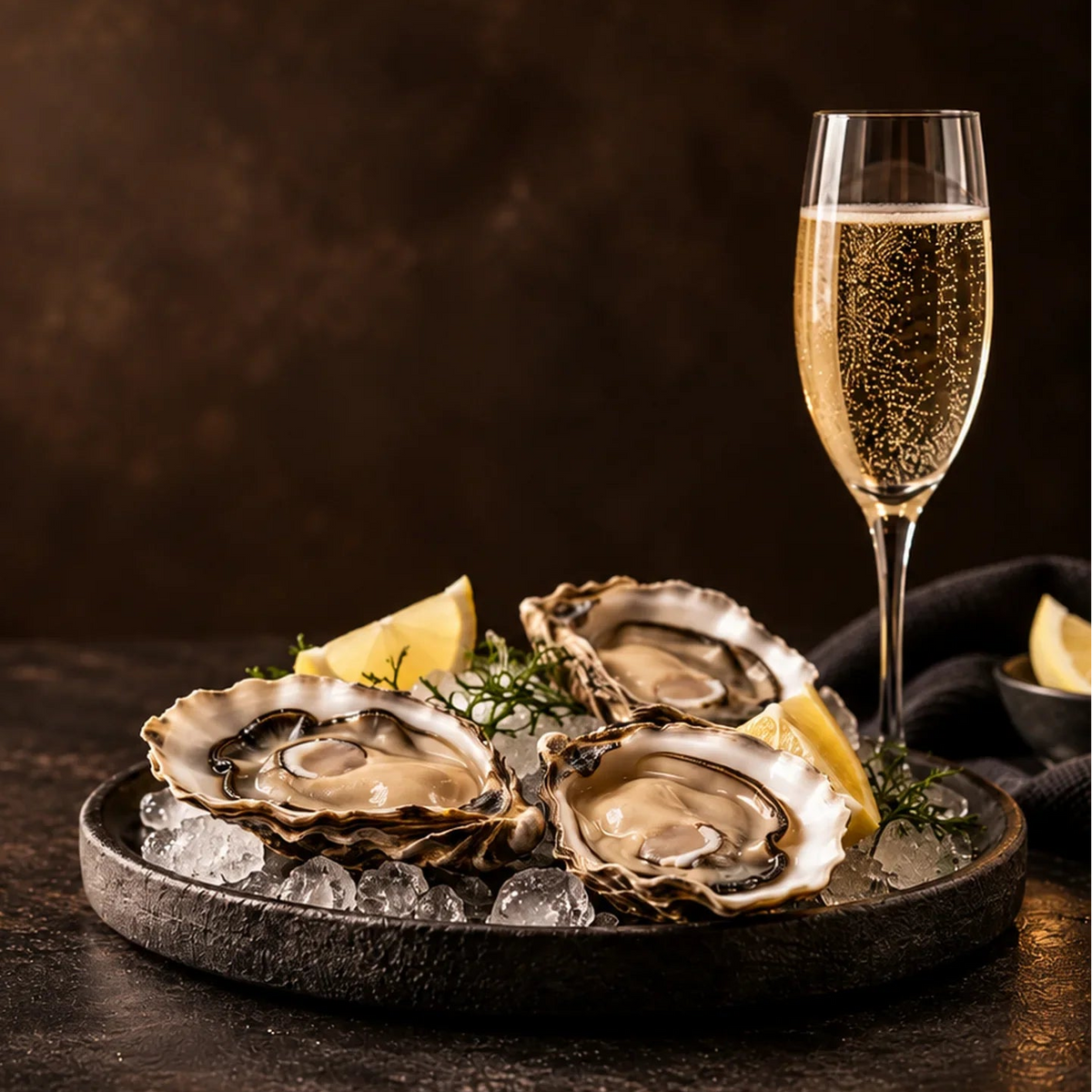 Frisch geöffnete Austern auf Eis mit einem Glas Champagner – Austern & Champagner Tasting am 18.10.2026 im Le Petit Geiß