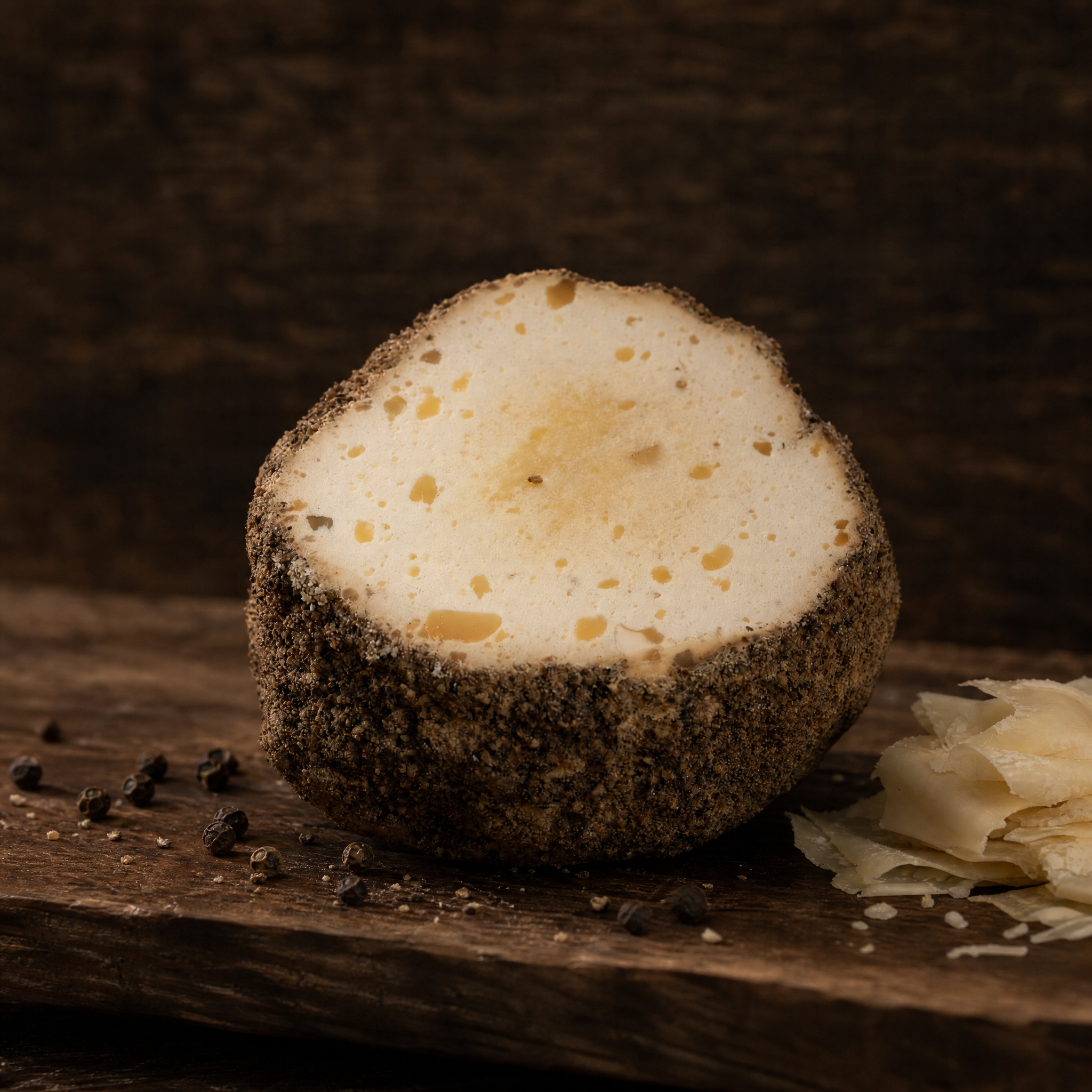 Belper Knolle gereift – angeschnittene Knolle mit Pfefferkruste und Hobelspänen auf dunklem Holzbrett