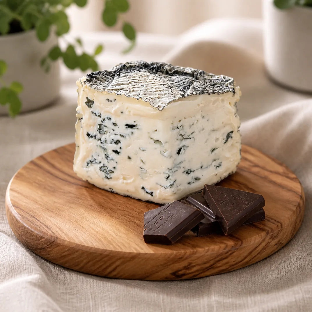 Chevre Bleu – cremiger Ziegen-Blauschimmelkäse mit Ascherinde, dazu dunkle Schokolade