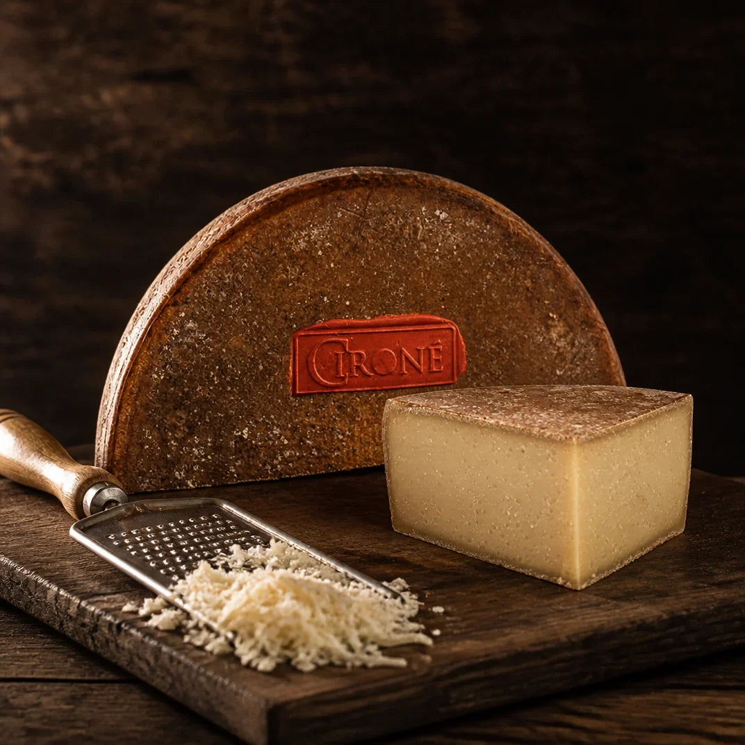 Cironé – Schweizer Hartkäse aus dem Emmental mit rotem Cironé-Stempel, Anschnitt mit Käsereibe und frisch geriebenem Käse