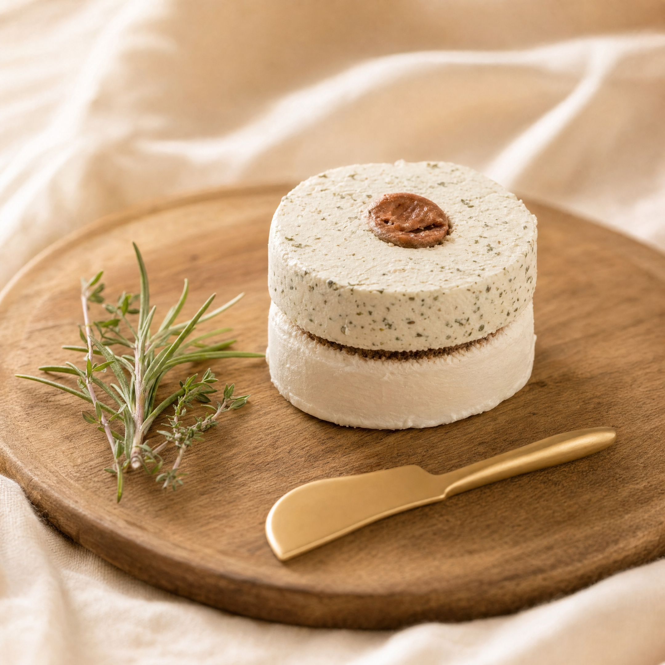 Le Provençal, kräuterummantelter Käse mit Kräutern der Provence, Laib und Anschnitt