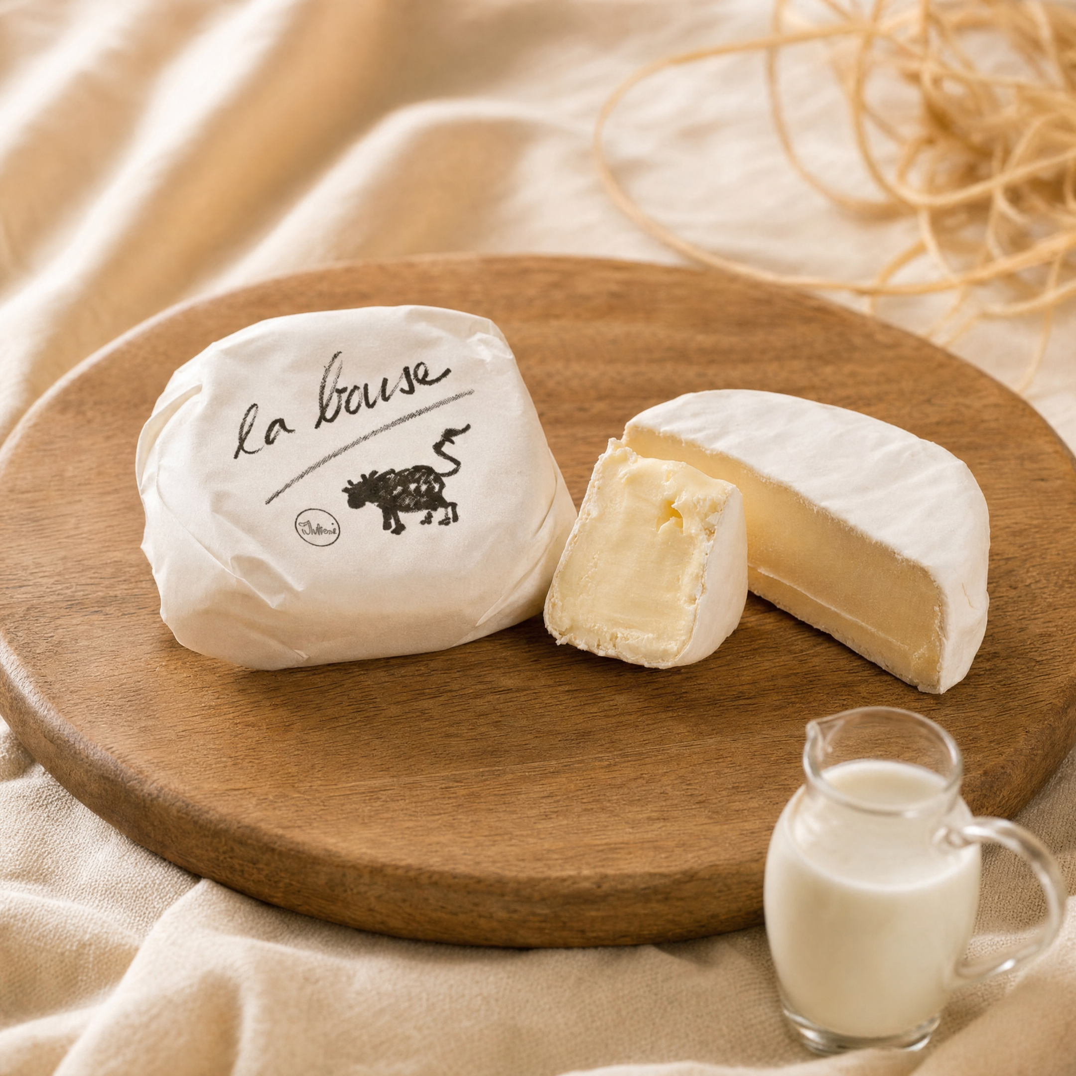 La Bouse, flacher Weichkäse mit Naturrinde, Anschnitt mit cremigem Kern, kleines Milchkännchen im Vordergrund