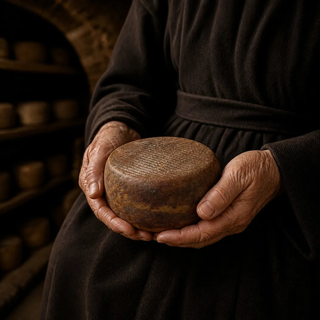 Alte Hände einer Trappistin halten einen Echourgnac-Käse im Reifekeller