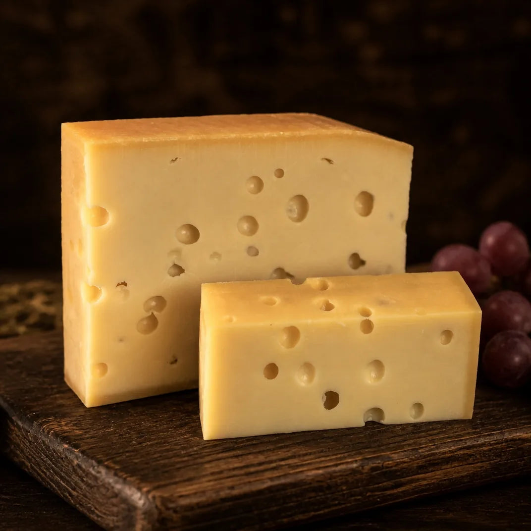 Emmentaler mit Salztränen – Schweizer Hartkäse aus dem Emmental, Herzstück mit großen Löchern