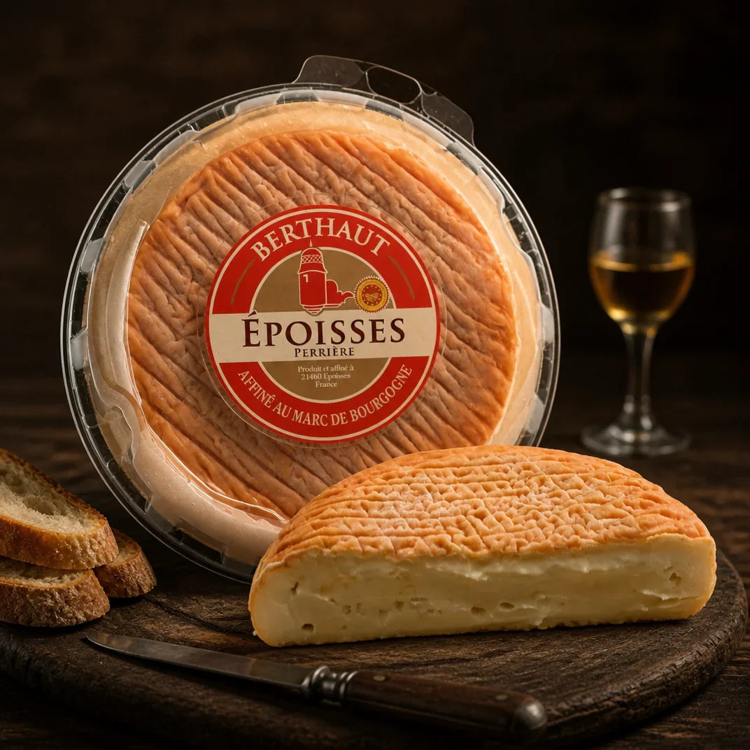 Époisses AOP – cremiger französischer Rotschmiere-Weichkäse aus Burgund, mit Anschnitt, Brot und einem Glas Marc de Bourgogne