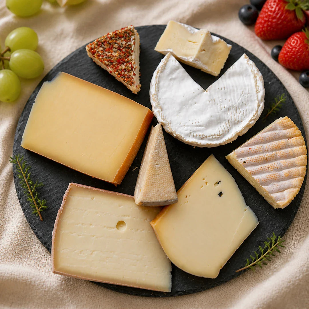 Familienbox von Fromagerie Geiß – milde Käseauswahl mit sieben Sorten auf Schieferplatte, Größe für 2–4 Personen (750 g).