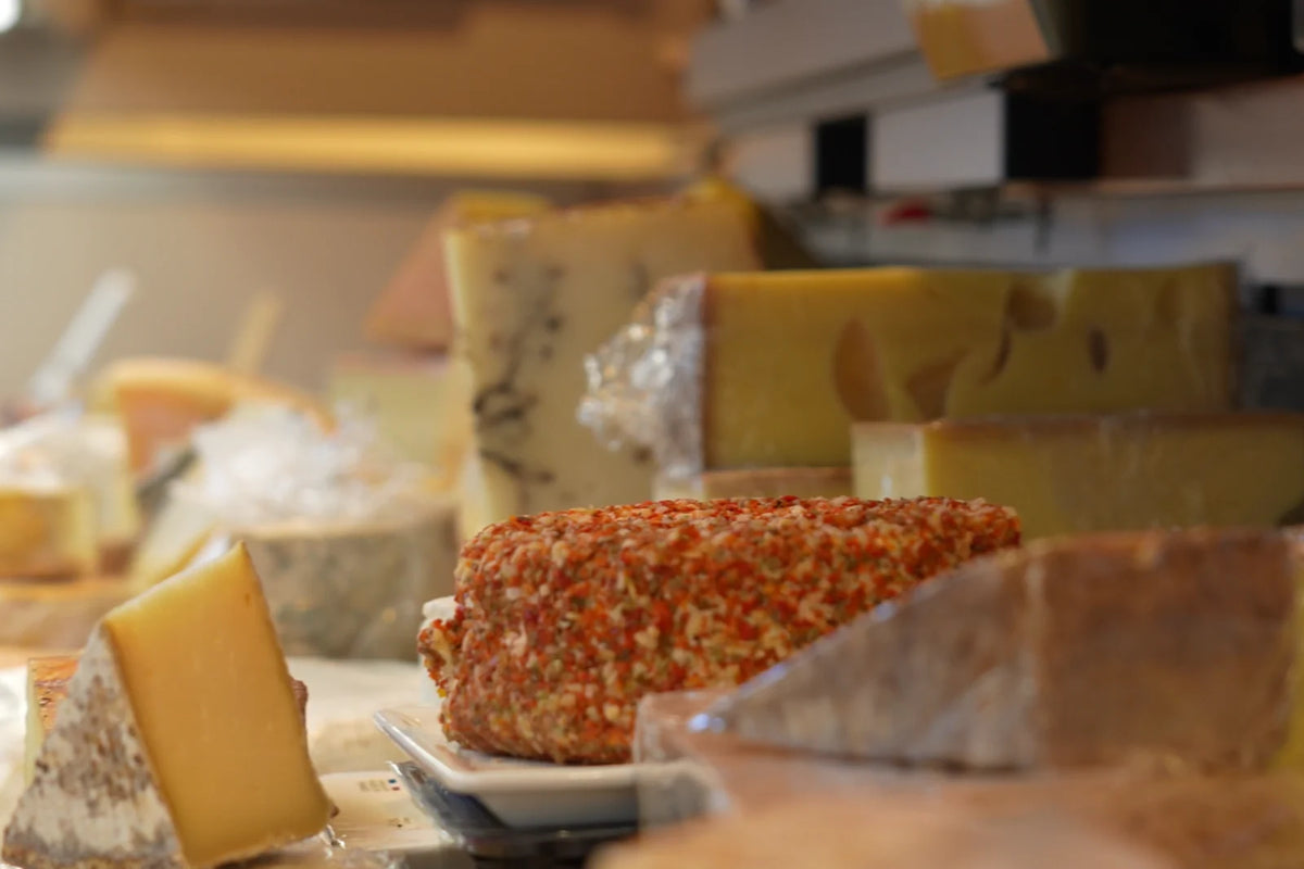 Blick über die Auslage mit Weich-, Hart- und Blauschimmelkäse