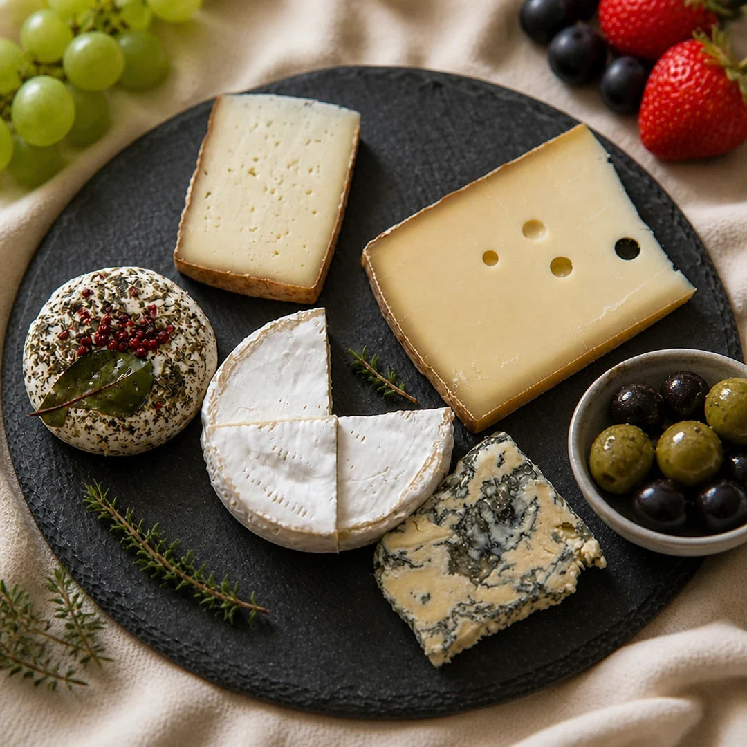Geiss-Selection von Fromagerie Geiß – Gourmet-Käseauswahl auf Schieferplatte mit einem Genuss-Extra (Oliven), für 1–2 Personen (500 g).