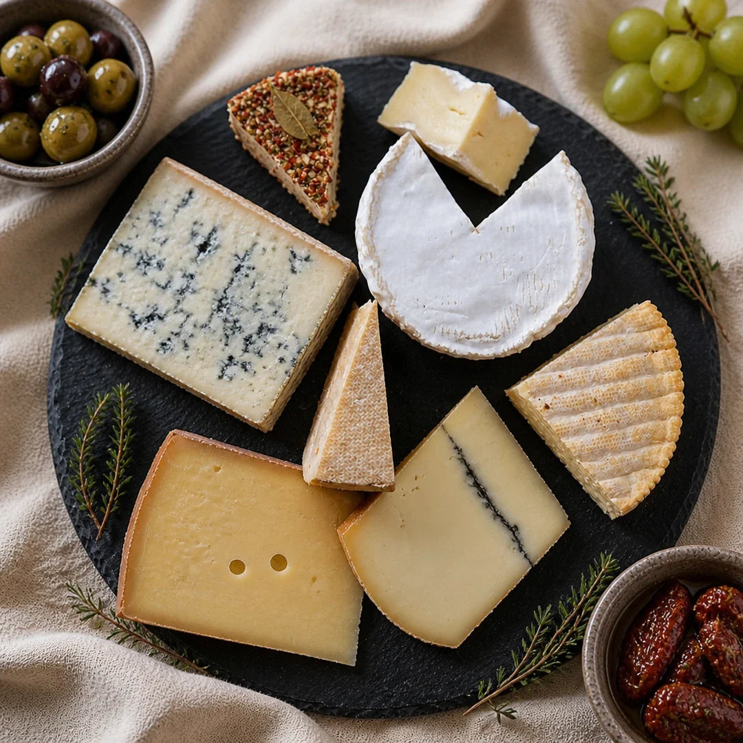 Geiss-Selection von Fromagerie Geiß – Gourmet-Käseauswahl auf Schieferplatte mit zwei Genuss-Extras (Oliven, getrocknete Tomaten), für 2–4 Personen (750 g).