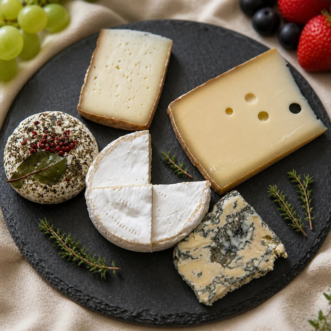 Gourmetbox von Fromagerie Geiß – Käseauswahl von mild bis kräftig, fünf Sorten auf Schieferplatte, für 1–2 Personen (500 g).