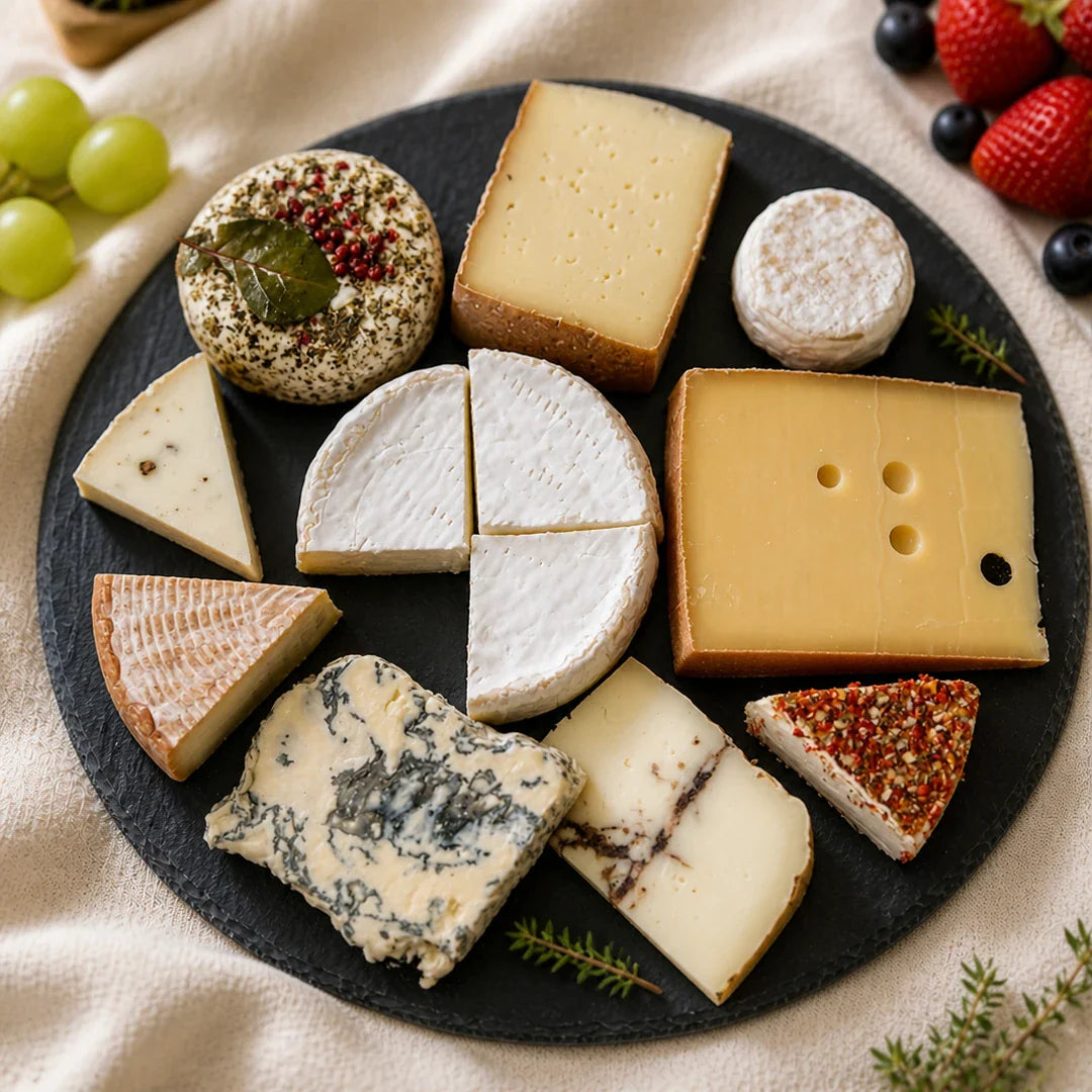 Gourmetbox von Fromagerie Geiß – Käseauswahl von mild bis kräftig, zehn Sorten auf Schieferplatte, für 3–6 Personen (1000 g).
