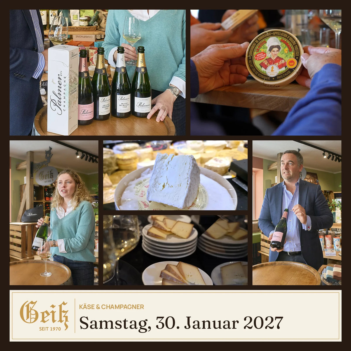 Käse & Champagner am 30. Januar 2027 in der Fromagerie Geiß – Palmer Champagner, Camembert und Délice