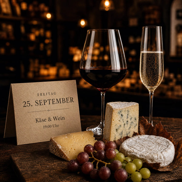 Käse & Wein Tasting in der Fromagerie Geiß: Hartkäse, Blauschimmel und Weichkäse mit Trauben, dazu Rotwein und Sekt.