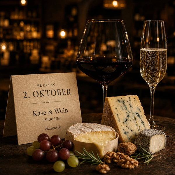 Käse & Wein Frankreich in der Fromagerie Geiß: Camembert, Roquefort und Ascheziege mit Trauben und Walnüssen.
