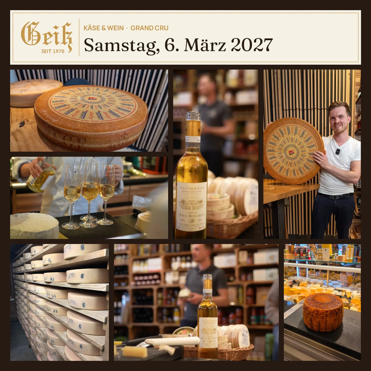 Käse & Wein Grand Cru am 6. März 2027 in der Fromagerie Geiß – Gruyère Alpage, Sauternes und Reifekeller