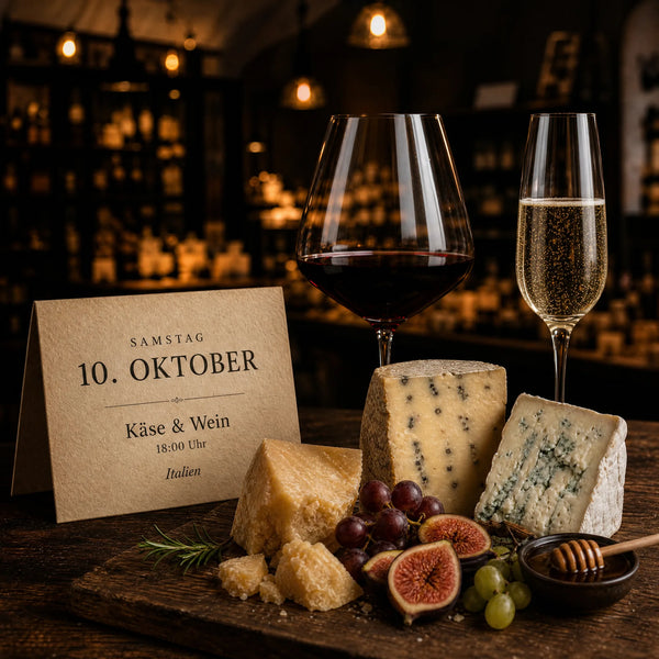 Käse & Wein Italien in der Fromagerie Geiß: Parmigiano, Pecorino und Gorgonzola mit Feigen, Trauben und Honig.