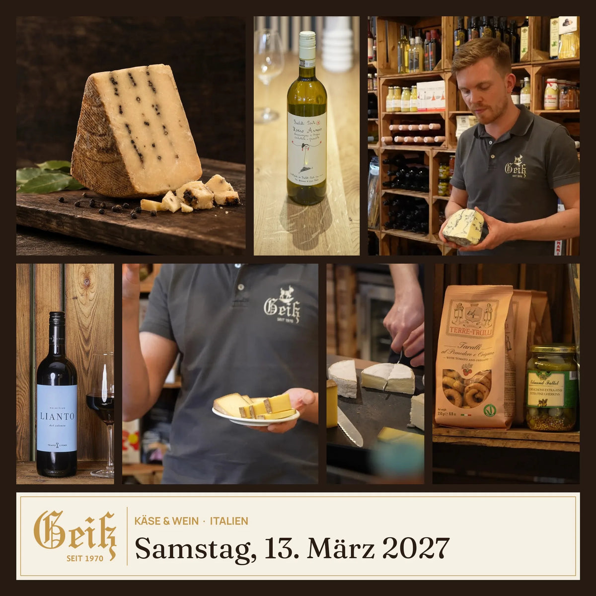 Käse & Wein Italien am 13. März 2027 in der Fromagerie Geiß – Canestrato Pepato, Roero Arneis und Lianto