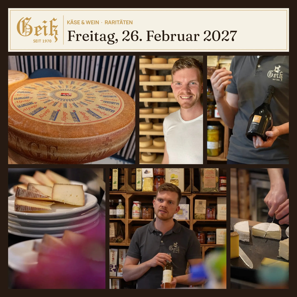 Käse & Wein Raritäten am 26. Februar 2027 in der Fromagerie Geiß – Gruyère Alpage, Reifekeller und Käseteller