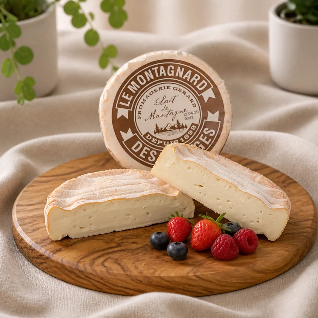 Montagnard – milder cremiger Weichkäse aus den Vogesen, ganzer Laib mit Anschnitt und frischen Beeren