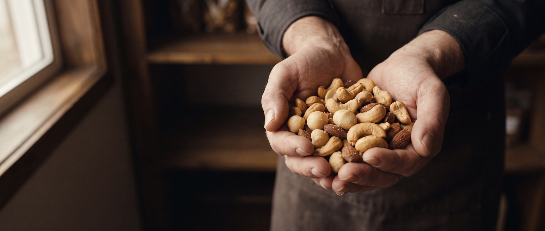 Zwei Hände halten frisch geröstete ganze Nusskerne — Cashew, Macadamia und Mandel