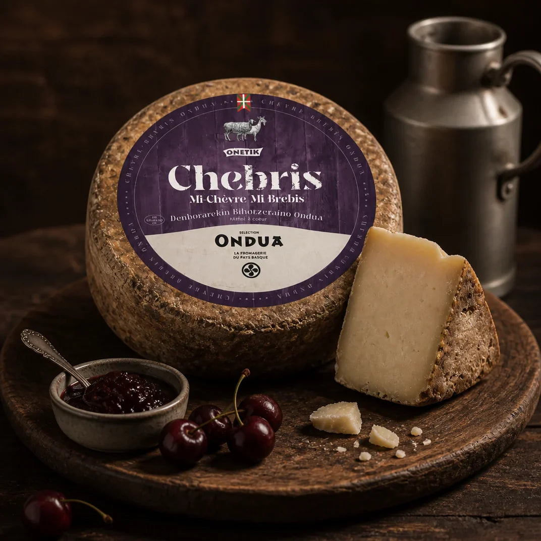 Ondua – baskischer Bauernhartkäse aus Schaf- und Ziegenmilch mit rauer Milbenrinde, Anschnitt mit baskischer Kirschmarmelade