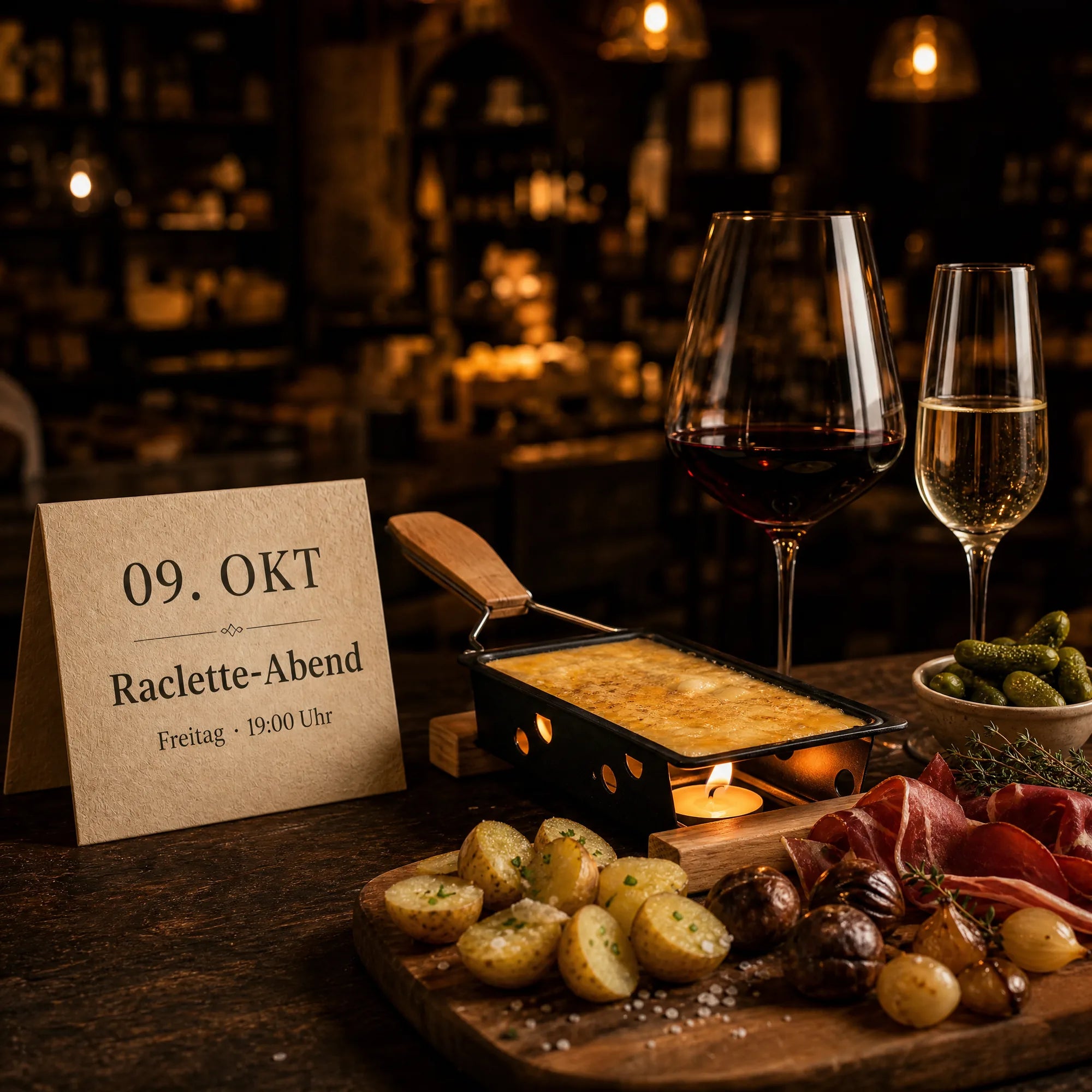 Raclette-Abend in der Fromagerie Geiß: geschmolzener Käse im Tischöfchen, dazu Kartoffeln, Schinken und Maronen.