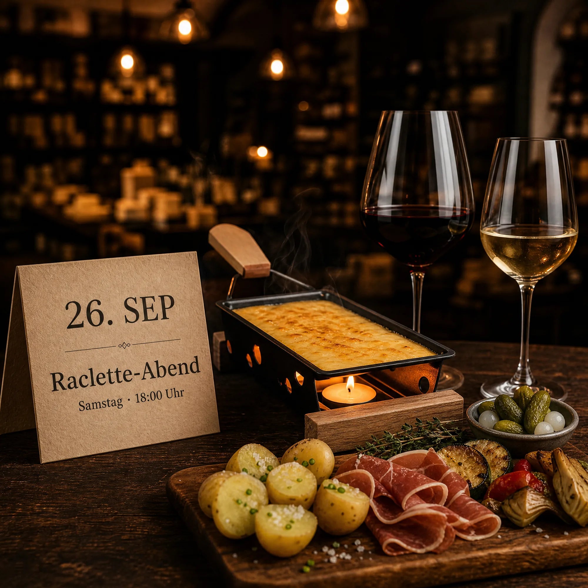 Raclette-Abend in der Fromagerie Geiß: geschmolzener Käse im Tischöfchen, dazu Kartoffeln, Schinken und Cornichons.