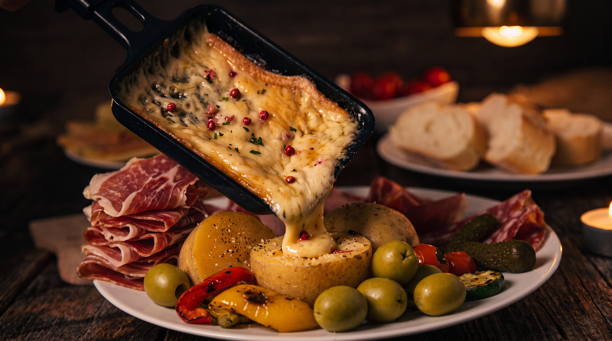 Geschmolzener Raclettekäse wird aus dem Pfännchen über Kartoffeln gezogen, daneben Schinken, Cornichons und gegrilltes Gemüse