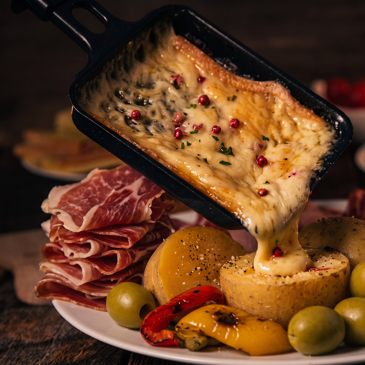 Raclette-Abend in der Fromagerie Geiß: geschmolzener Käse läuft aus dem Pfännchen über die Kartoffeln, daneben Schinken, Oliven und gegrilltes Gemüse.