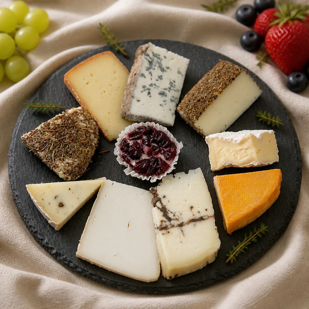 Scha-Zi-Box von Fromagerie Geiß – feine Auswahl an Schafs- und Ziegenkäse, zehn Sorten auf Schieferplatte, für 3–6 Personen (1000 g).