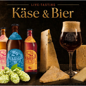 Faust-Bierflaschen, Hopfen und Käse — Motiv zum Tasting Käse & Bier.